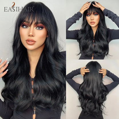 Crown & Glory Wigs EASIHAIR Dark Brown Long Wavy Synthetic Wig with Bangs Natural Wave Cosplay Daily Use Hair Wigs for Women Afro Heat Resistant