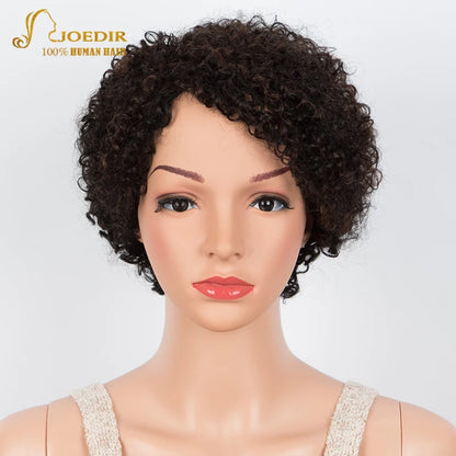 Crown & Glory Wigs Joedir Short Brown Human Hair Wigs Bob Pixie Cut Afro Kinky Brazilian Hair for Black Women Machine Part Side With Bang Cheap Wig