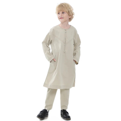 Muslim family    Muslim Kids Jubba Thobe Arab Boy Thobe Children Abaya Ramadan Dress Pant Set 2 Piece Caftan Robe Kaftan Musulman Ensembles