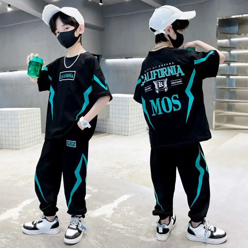 Boy  clothing   Summer Boys Cotton Alphabet Lightning T-Shirt Tops+Sweatpant School Kids 2PCS Tracksuit Child Jogger Outfit Workout Set 5-14 Yr