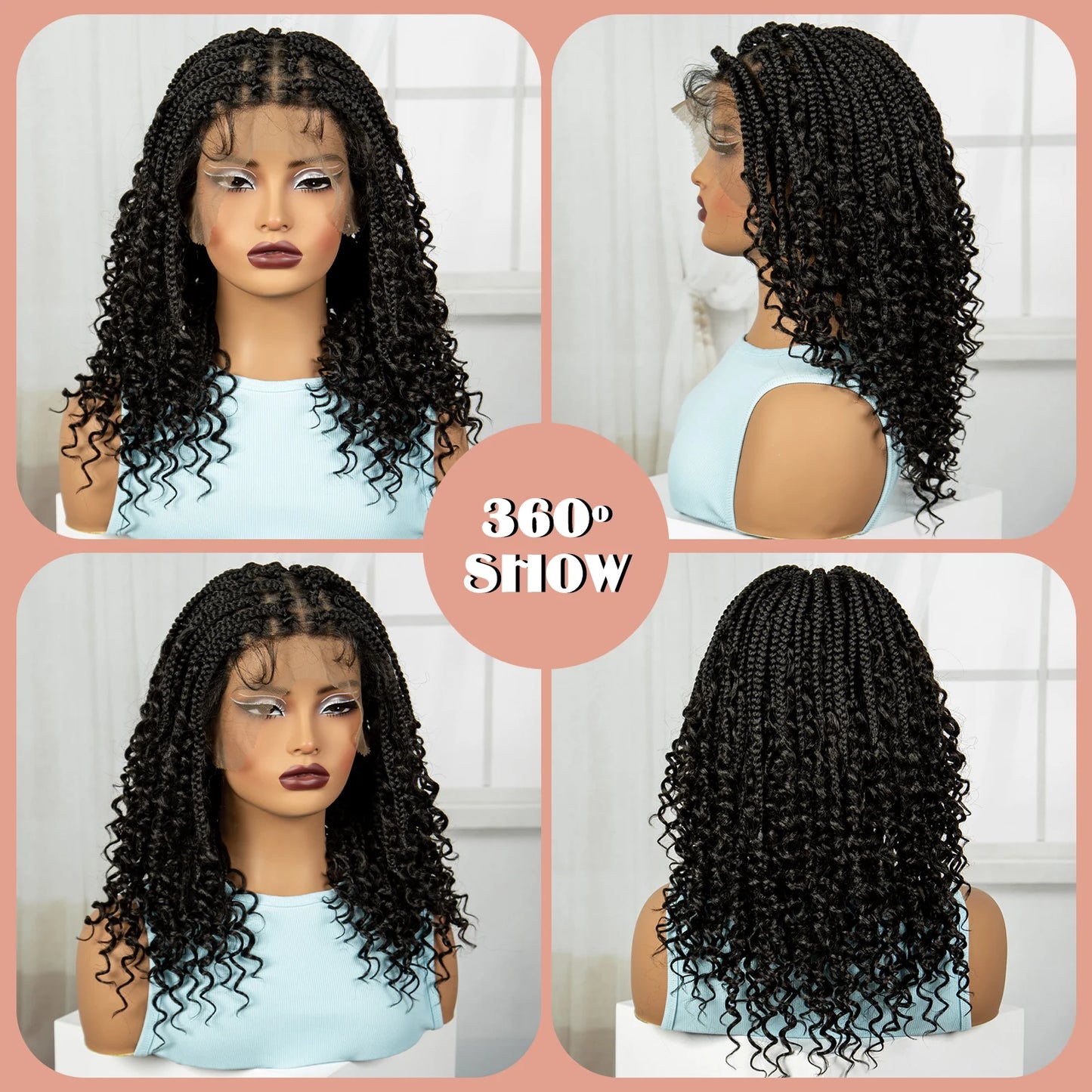 Crown & Glory Wigs  Full Lace Braided Lace Wigs Synthetic Knotless Box Braided Lace Wig with Curly Ends for Black Women Kinky Curly Braided Bob Wig