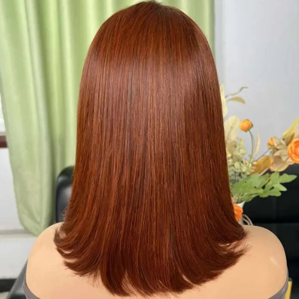 Crown & Glory Wigs   Short Brown Colour Bob Wig Peruvian Straight Lace Front Human Hair Wigs For Women Reddish Brown #33 Lace Part Wig With Baby Hair