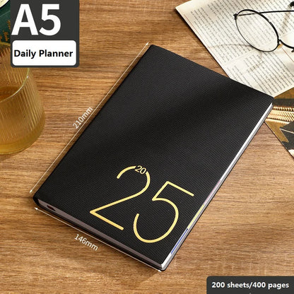 Odds 2025 Planner A5 Notebook 365 Daily Agenda Time Management Book One Page Per Day PU Cover Water Resistant Thick Paper for Work