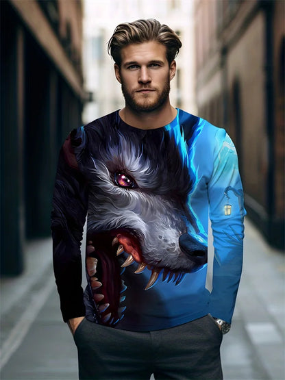 Men clothing Street Fashion Men's Long Sleeve T-shirt  Wolf Print