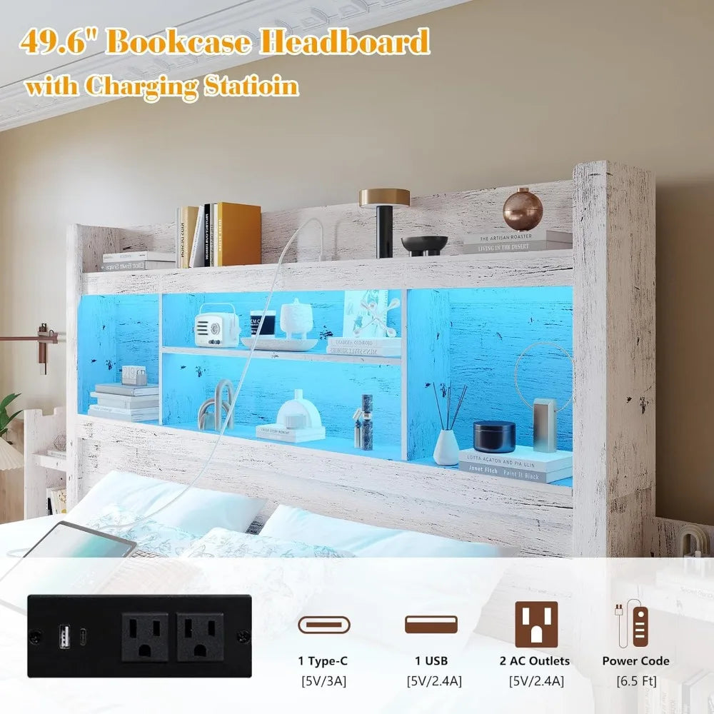 Living Room Queen Bed Frame with 49.6" Bookcase Headboard & 2 Bedside Stoage Racks & Drawers,Wood Bed Frame with RGB LED & Charging Station