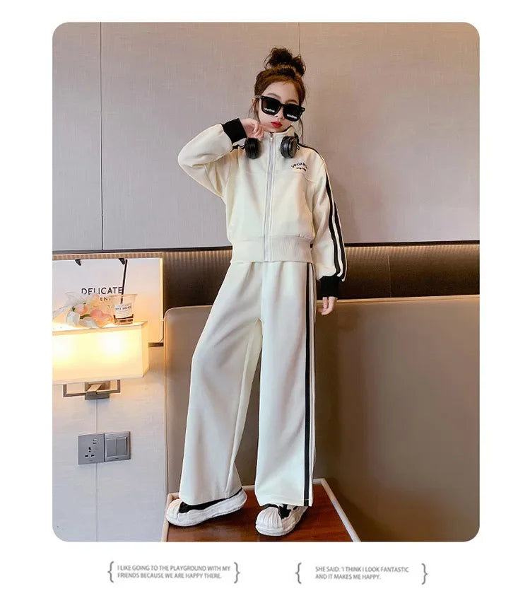 Girl clothing    Korean Spring Autumn Children Girl Sports Suit Teenager Girl Zipper Sweat Jackets+Wide-leg Sweatpants Junior Girl Tracksuit