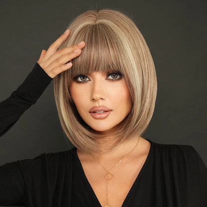 Crown & Glory Wigs NAMM Straight Light Brown Bob Wigs for Women Party Use With Neat Bangs Highlight Blonde High Density Synthetic Wig