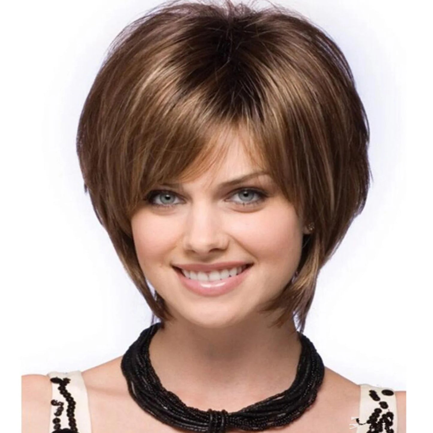 Crown & Glory Wigs Short Brown Pixie Cut Wigs with Bangs Straight Synthetic Hair Wig Ombre Blonde Wig Headband Cosplay Wig