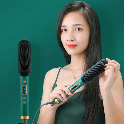 Style & Shine Hair  2 In 1 Electric Professional Negative Ion Hair Straightener Brush Curling Comb with Lcd Display Hair Curling Tool Straight Brush