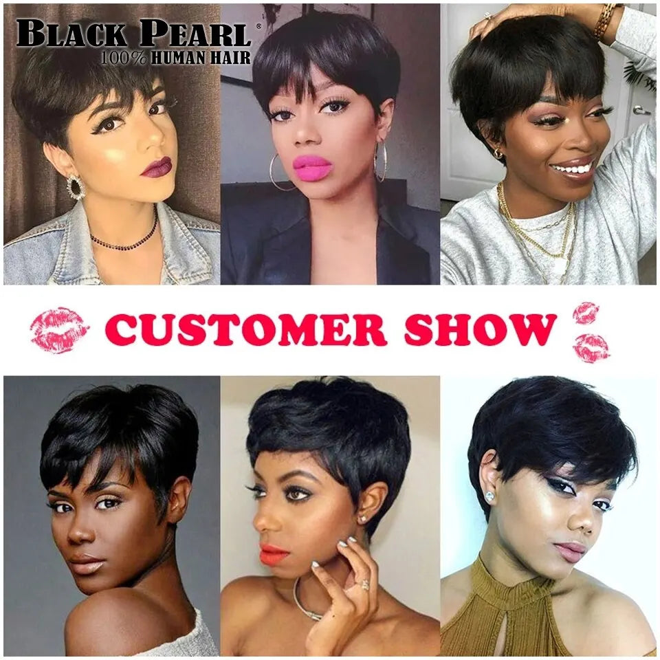 Crown & Glory Wigs  Human Hair Wigs Short Pixie Cut Wig Human Hair For Black Women Machine Made Wigs With Bangs Glueless Wig Perruque Cheveux Humain