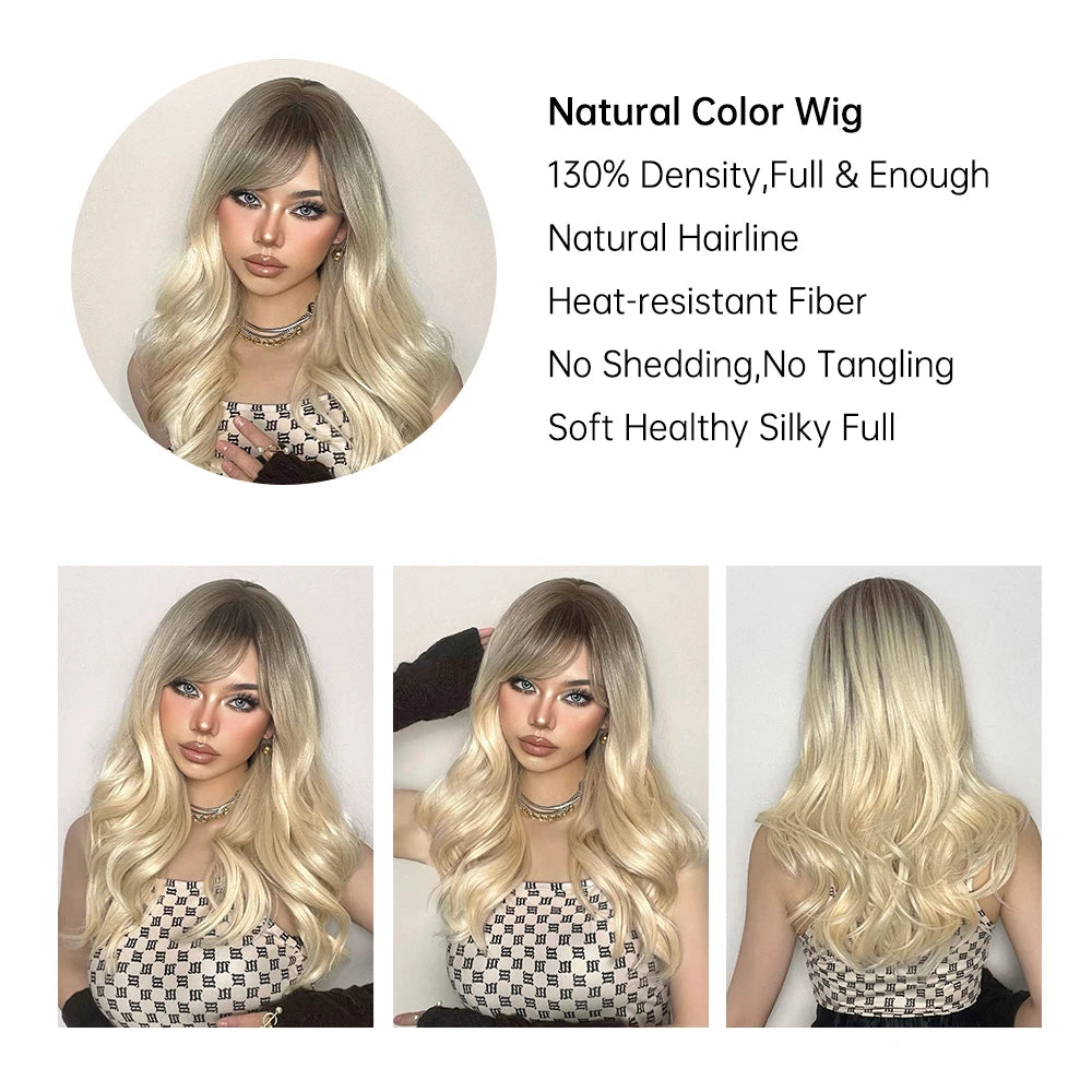 Crown & Glory Wigs  Long Light Blonde Wavy Wig with Bangs Synthetic Women Hair Wigs for Cosplay Daily Use Natural Fake Hair Heat Resistant Fibre