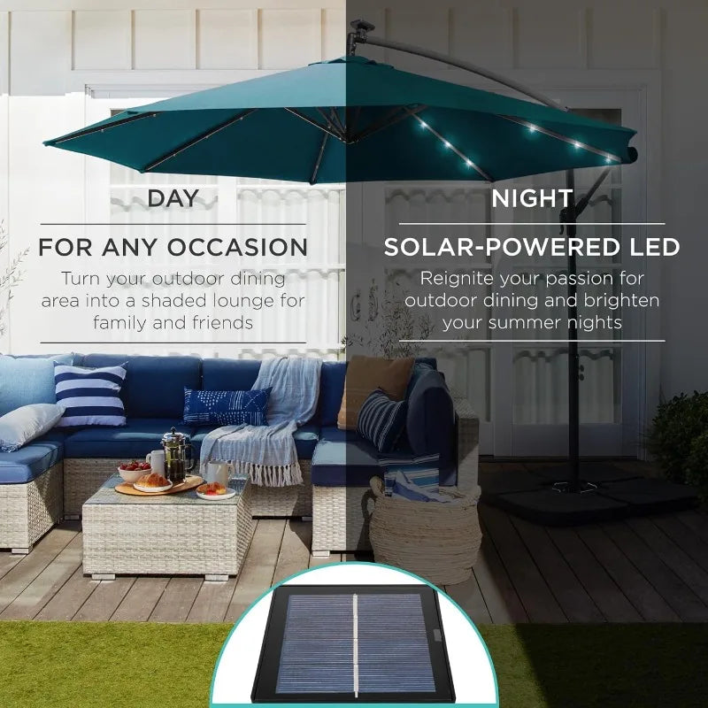 Outdoor 10ft Solar LED Offset Hanging Market Patio Umbrella for Backyard, Poolside, Lawn and Garden w/Easy Tilt Adjustment