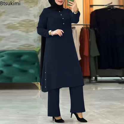 Muslim Family  Arab Women Blouse Muslim Fashion Matching Sets Women's Elegant Tracksuit Casual Solid Shirt+Wide Leg Pants Suit Modest Clothing