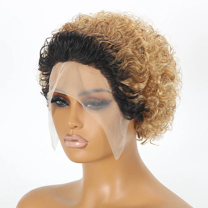 Crown & Glory Wigs  Pixie Cut Wigs Short Kinky Curly Lace Front Human Hair Wigs 13x2 Transparent Lace Frontal Wigs 1B/99 Ombre Water Wave Bob Wig