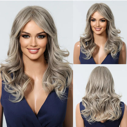 Crown & Glory WigsHENRY MARGU Grey Layered Synthetic Natural Wig Medium Length Straight Wig with Bangs for Women Daily Party Wigs Heat Resistant