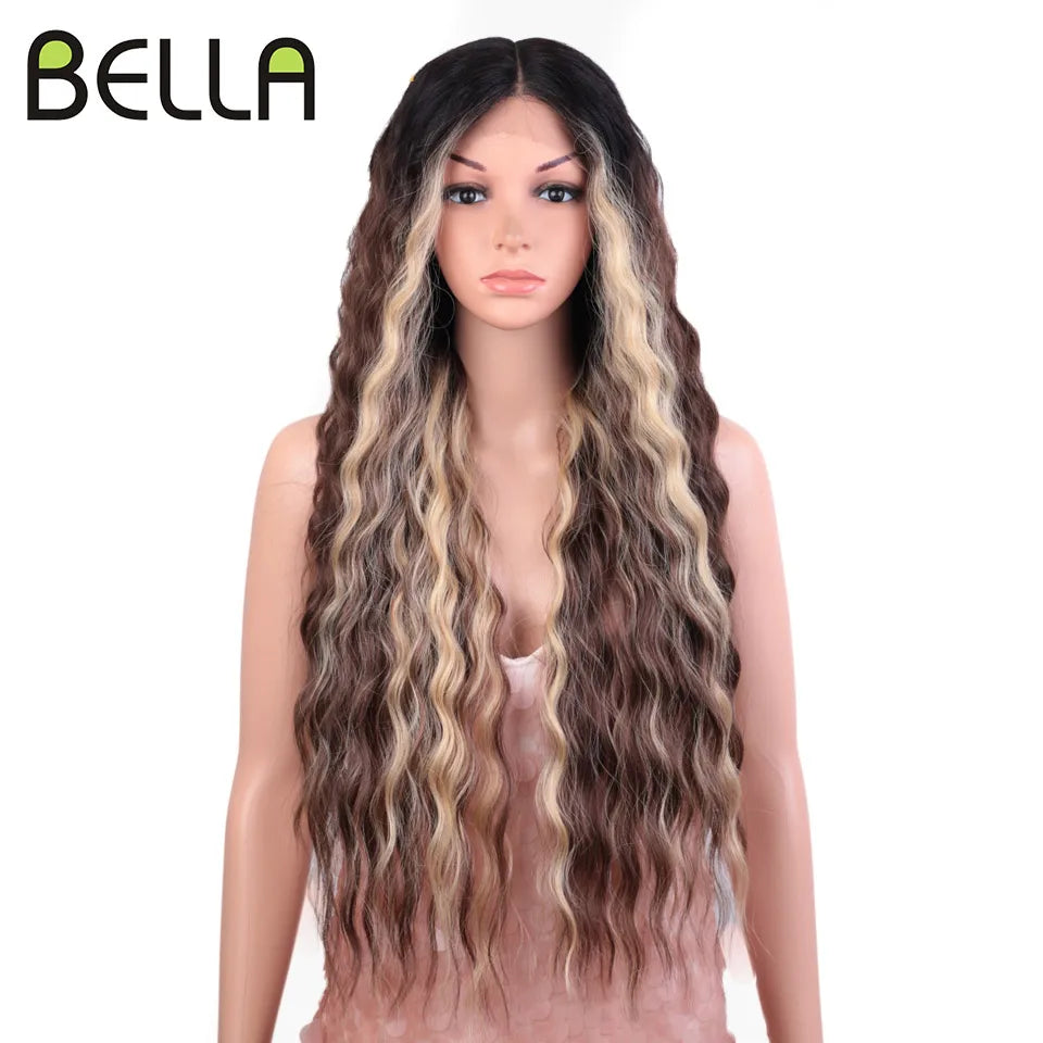 Crown & Glory Wigs  BELLA Lace Wigs Synthetic Deep Wave Curly Synthetic Lace Front Wig Blonde Wig Pink 30 Inch Hair Wigs For Black Women Cosplay