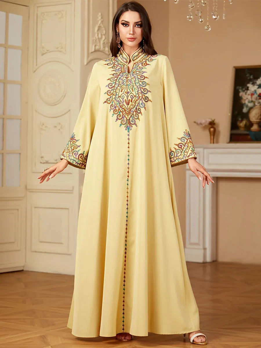 Muslim family   Siskakia Embroidery V-Neck Long Dress Dubai Arab Abaya For Muslim Woman Loose Moroccan Saudi Ethnic Jalabiya Fashion Robe 2024