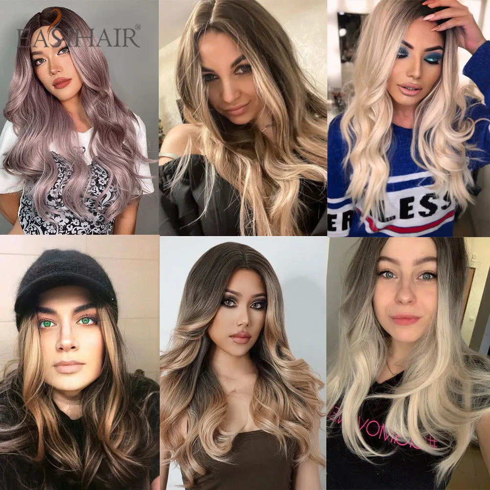 Crown & Glory Wigs EASIHAIR Ombre Brown Light Blonde Platinum Long Wavy Middle Part Hair Wig Cosplay Natural Heat Resistant Synthetic Wig for Women