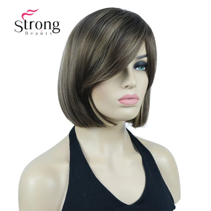 Crown & Glory Wigs Strong Beauty Women's Brown Short Straight Bob Wig with Side Bangs Synthetic Full Hair Wigs Heat Resistant