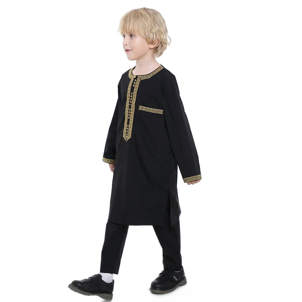 Muslim family   Muslim Children Robe 2 Piece Set Kids Boy Round Neck Long Sleeve Printed Dress Shirt Abaya Kaftan Jubba Thobe Islamic Clothing