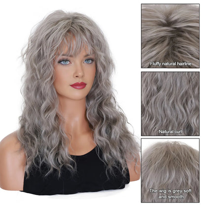 Crown & Glory Wigs   BCHR Grey Wigs with Bangs Long Curly Synthetic Wigs for Women Daily Cosplay Party Halloween Costume (Grey 20Inches)