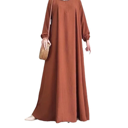 Muslim Family    Middle East Pleated Dress for Women, Muslim Fashion, Dubai, Arab Style, Elegant, Solid Round Neck, Long Sleeve, Abaya