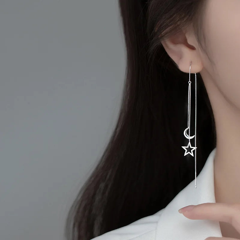 Jewellery   New Fashion Korean Hanging Earrings For Women Luxurious Chain Tassel Drop Earrings Retro Silver Color Star Moon Jewellery Gift