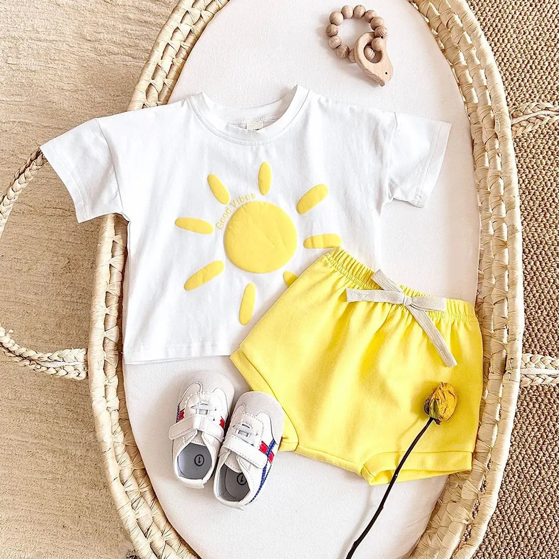 Girl clothing Toddler Boys Outfit Baby Clothes Set Newborn Baby Summer Clothing Cotton Girl Suit Sun Flower Print T-shirt+Beach Shorts