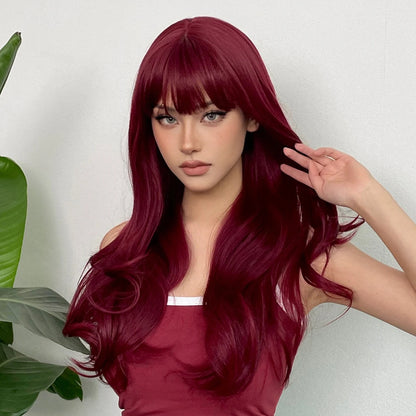 Crown & Glory Wigs HENRY MARGU Burgundy Long Wavy Wigs Wine Red Wig with Bangs for Women Daily Synthetic Hair Cosplay Wig Heat Resistant Fiber