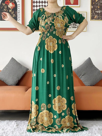 Muslim family   Women Party Dress Muslim Summer Short Sleeve Long Dress Collect Waist Floral Boubou Maxi Islam Women Dress African Abaya Clothes