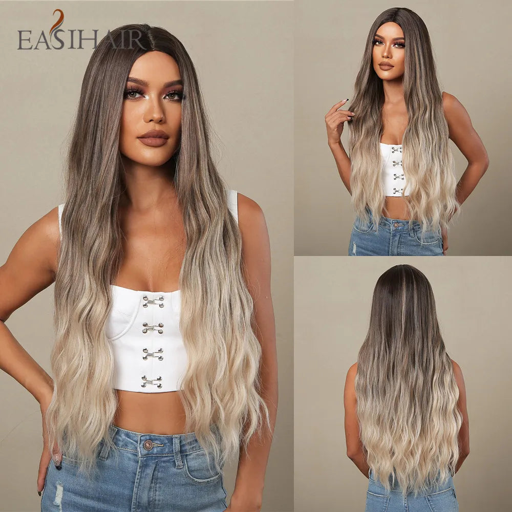 Crown & Glory Wigs EASIHAIR Ombre Brown Light Blonde Platinum Long Wavy Middle Part Hair Wig Cosplay Natural Heat Resistant Synthetic Wig for Women