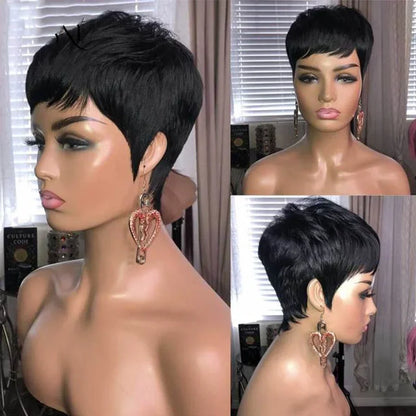 Crown & Glory Wigs  Pixie Cut 100% Full machine Human Hair Wig with Bangs for Women Short Layered Human Hair Brazilian Natural Black Hairs Cheap Wig