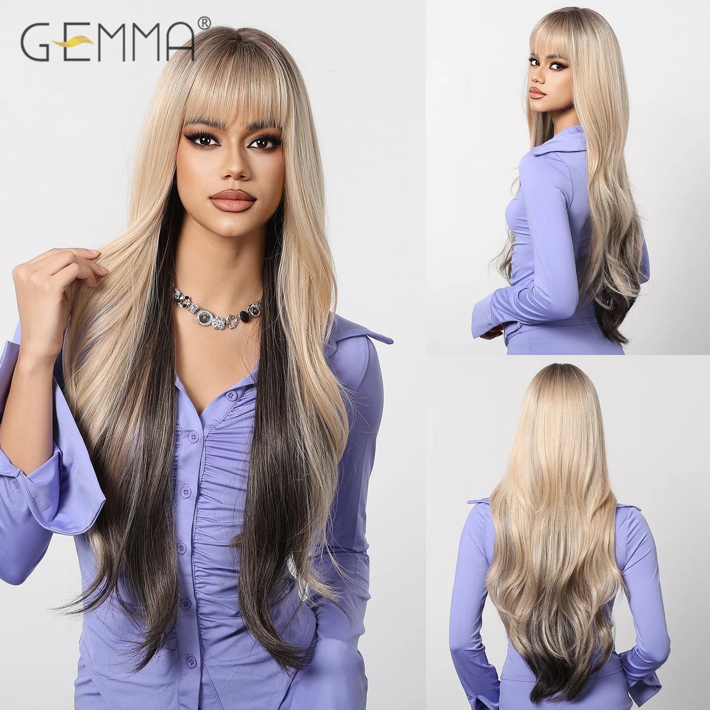 Crown & Glory Wigs  Long Light Blonde Wavy Wig with Bangs Synthetic Women Hair Wigs for Cosplay Daily Use Natural Fake Hair Heat Resistant Fibre