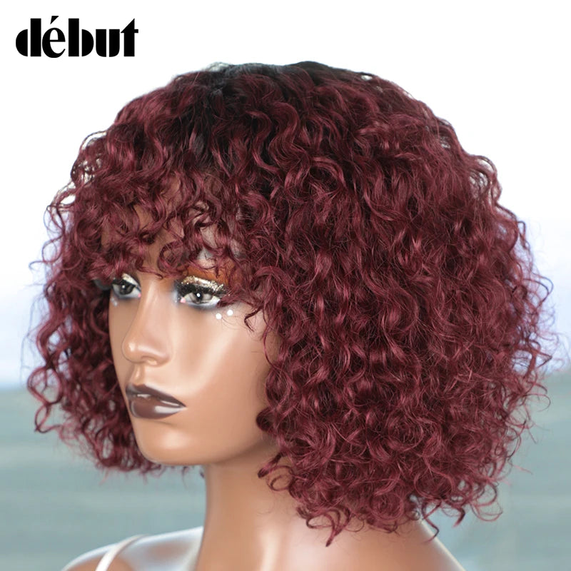 Crown & Glory Wigs  Debut Highlight Curly With Bangs Human Hair Wigs Kinky Curly Wigs For Black Women Brazilian Remy Human Hair Wigs Cheap Jerry Curl