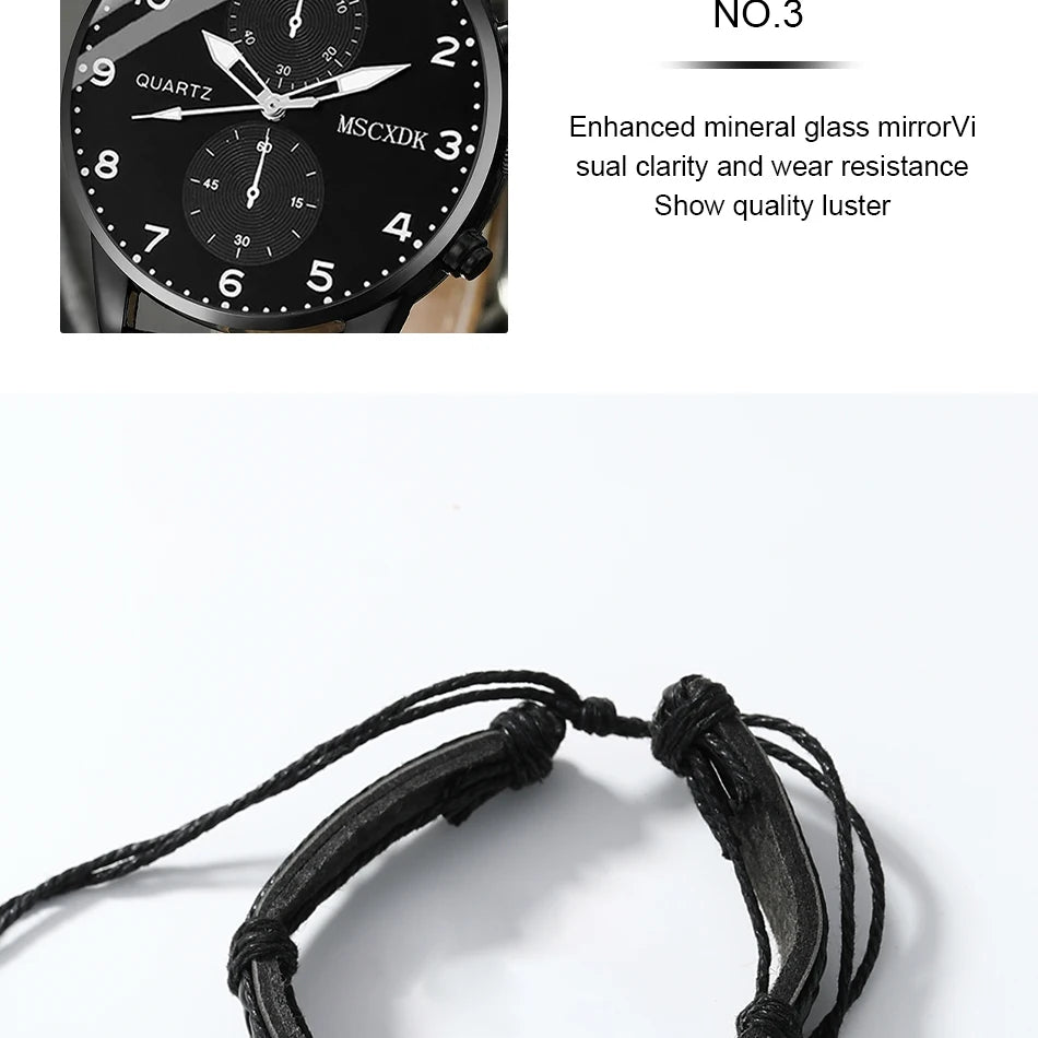 Jewellery  2pcs Black Round Quartz Watch With Leather Bracelet Men Business Watch Fashion Casual For Daily Sports