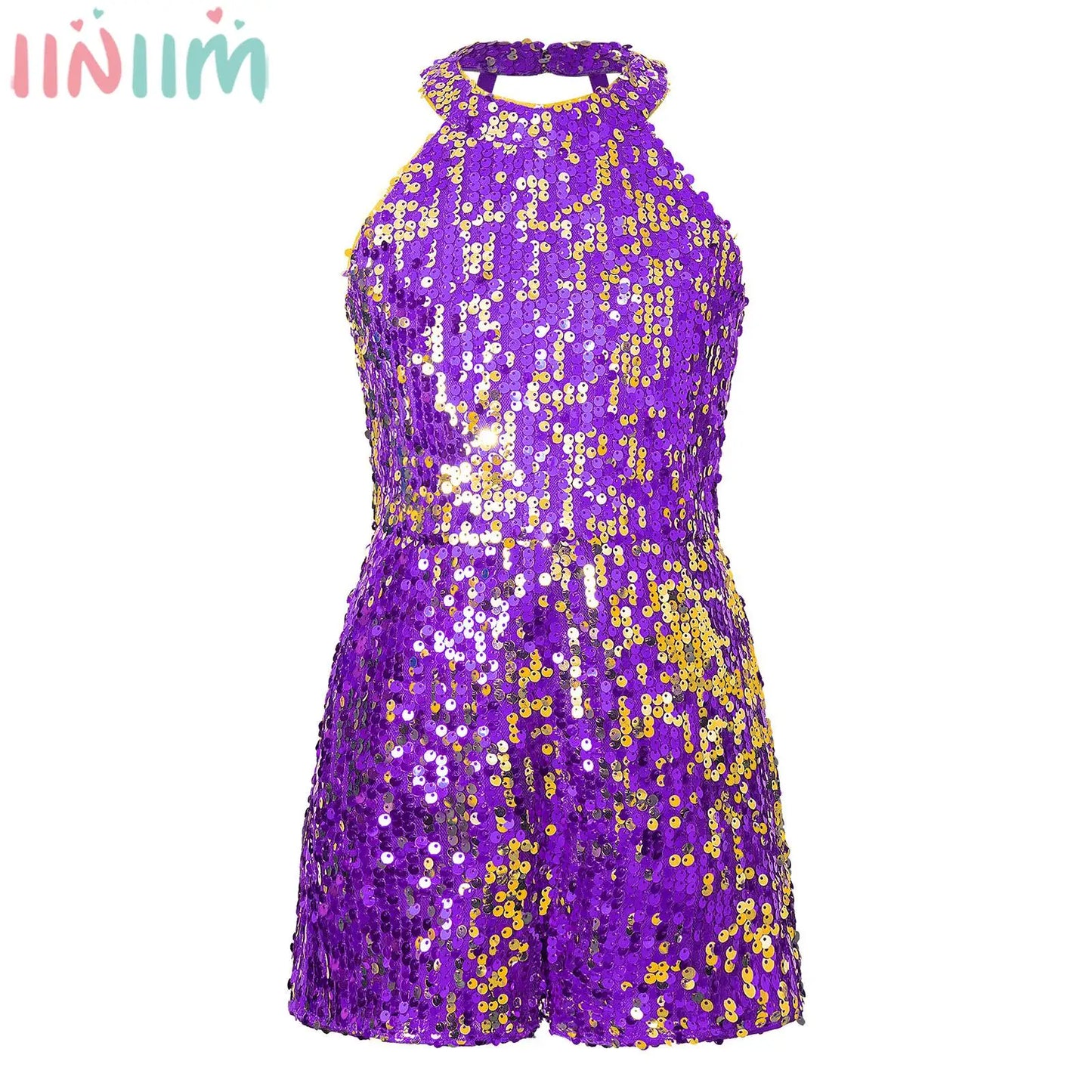 Girl clothing Kids Girls Shiny Sequin Halter Party Bodysuit Christmas Birthday Wedding Evening Costume Jazz Dance Stage Performance Jumpsuit