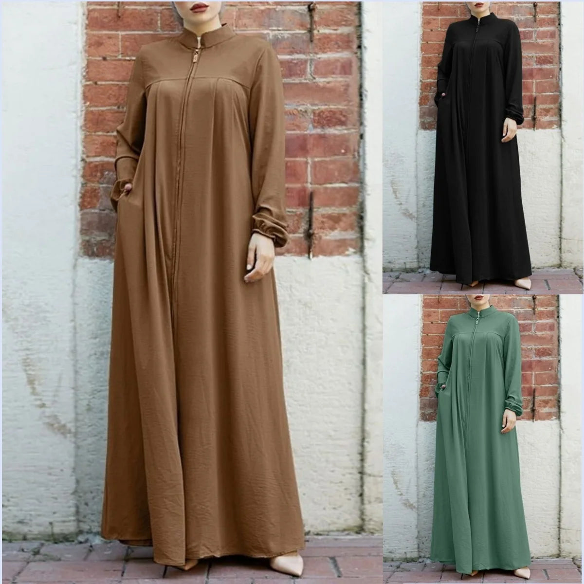 Muslim Family   Jalabiya Dress Women Long Sleeve Muslim Eid Casual Solid Color Abaya Caftan Kaftan Dresses Ramadan Abayas Vestido Zipper Robe