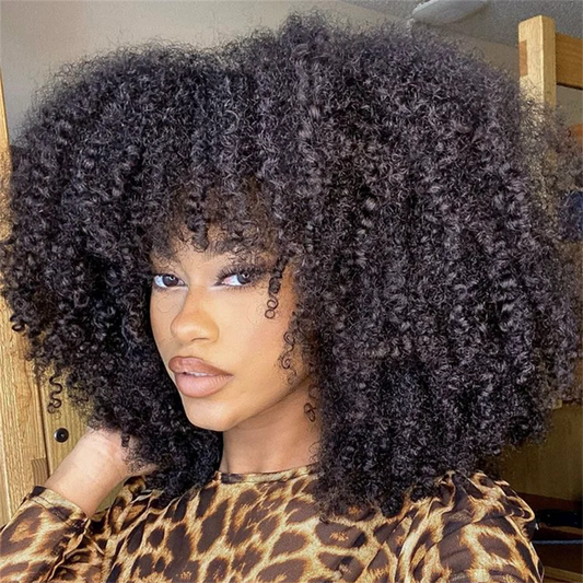 Crown & Glory Wigs  Afro Kinky Curly Wig With Bangs Brazilian Short Curly Human Hair Wigs For  Women Full Machine Made Wig Remy Natural Colour