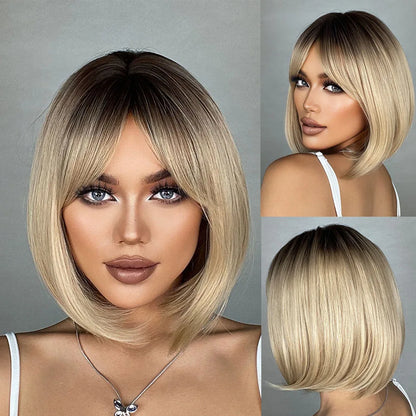 Crown & Glory Wigs HENRY MARGU Dark Root Ombre Brown Blonde Short Hair Wigs Fluffy Pixie Cut Synthetic Wig for Black White Women Heat Resistant