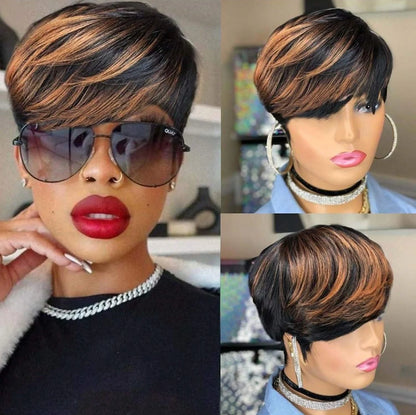 Crown & Glory Wigs  WIGERA Highlight Synthetic Short Straight Pixie Cut Hair Bob Wig Ombre Honey Blonde Mix Black Bronw Layered Hair Wigs For Woman