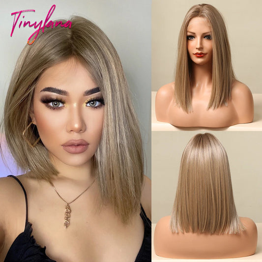 Crown & Glory Wigs   Brown Blonde Lace Front Wigs Short Straight Bob Synthetic Lace Frontal Wig with Baby Hair for Women Blunt Cut Natural Daily Hair