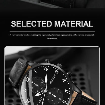 Jewellery  2pcs Black Round Quartz Watch With Leather Bracelet Men Business Watch Fashion Casual For Daily Sports