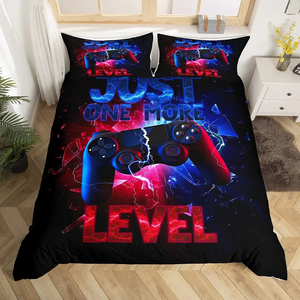 Bedroom  Teen Boys Gamer Duvet Cover Set Queen/King Size,Boys Gamepad Comforter Cover,Black Classic Retro Gaming Polyester Quilt Cover