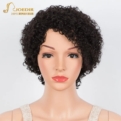 Crown & Glory Wigs Joedir Short Brown Human Hair Wigs Bob Pixie Cut Afro Kinky Brazilian Hair for Black Women Machine Part Side With Bang Cheap Wig