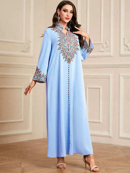 Muslim family   Siskakia Embroidery V-Neck Long Dress Dubai Arab Abaya For Muslim Woman Loose Moroccan Saudi Ethnic Jalabiya Fashion Robe 2024