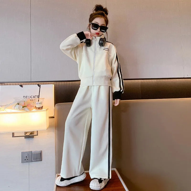 Girl clothing    Korean Spring Autumn Children Girl Sports Suit Teenager Girl Zipper Sweat Jackets+Wide-leg Sweatpants Junior Girl Tracksuit