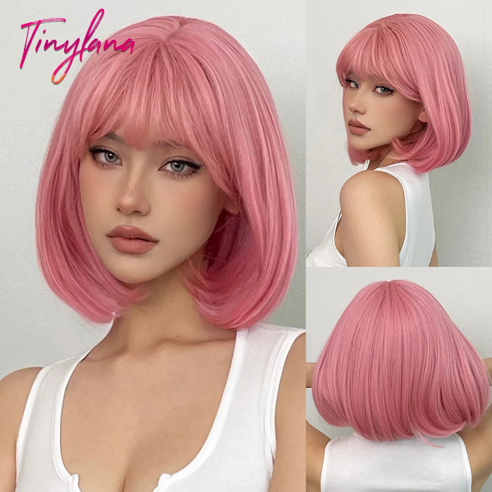 Crown & Glory Wigs Orange Short Bob Straight Synthetic Wigs with Bangs for White Women Afro Cosplay Christmas Hair Natural Daily Heat Resistant Wig