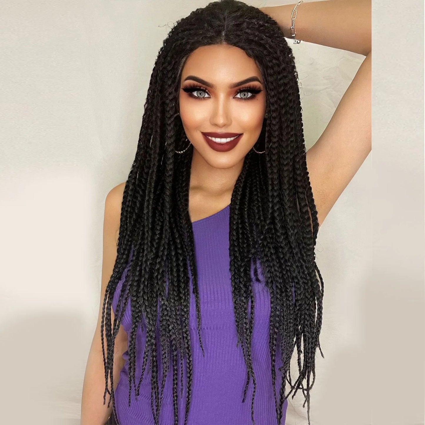 Crown & Glory Wigs   13*0.5 Black Synthetic 28inch Long Braided Lace Front Dreadlock Wig, Afro Knotless Cornrow Twist Fake Hair