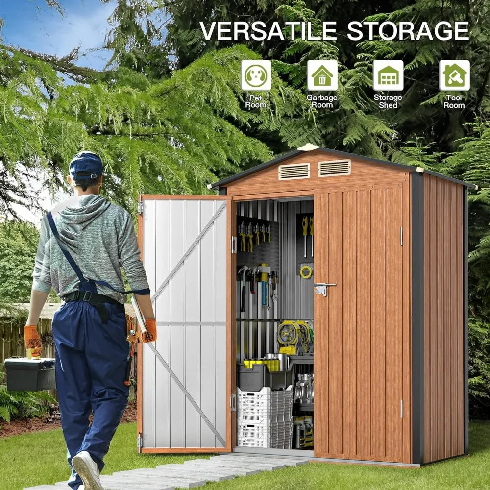 Outdoor Storage Shed, 5x3 Ft Metal Tiny House with Frame Floor Lockable Door, Vertical Outside Storage Building, Tool Storage