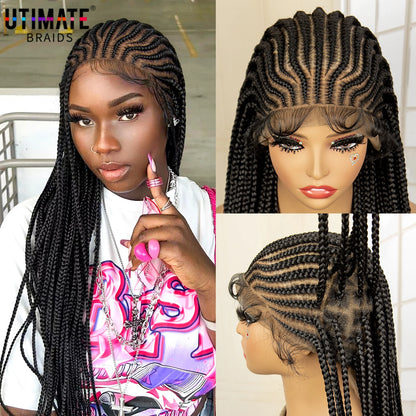 Crown & Glory Wigs  34 Inches Handmade Synthetic Braiding Wig HD Full Lace Cornrow Braided Wigs Back Knotless Box Braids Wig for Black Women